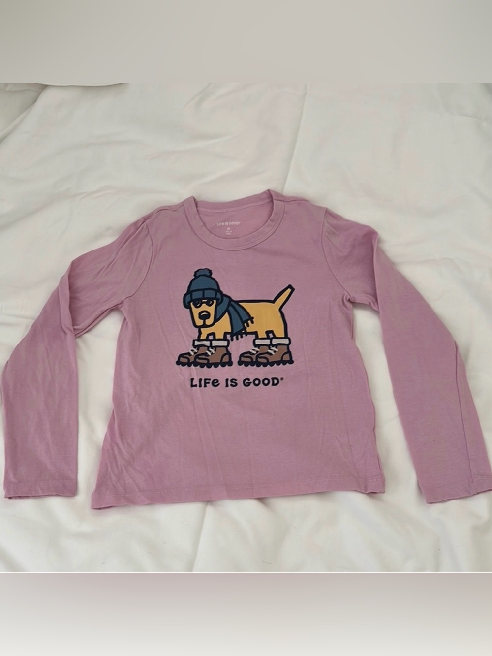 LIFE IS GOOD Girls Pink Dog Graphic Long Sleeve Tee Hiking Puppy Shirt Size 7/8